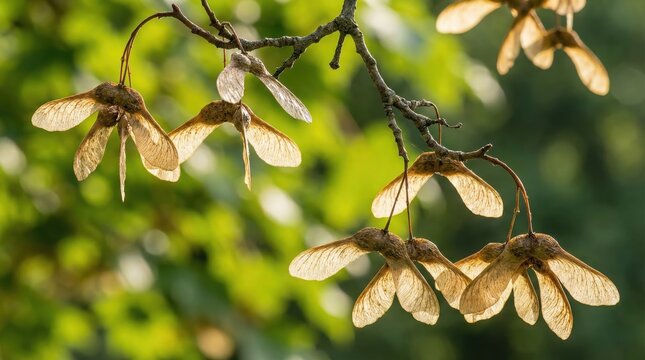 Sunlit maple tree seeds hanging from branches with lush green background capturing natural autumn beauty
