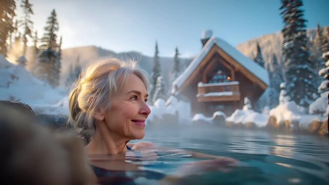 Geothermal hot springs resort, spa, bath pool, winter relaxation vacation theme. A woman in a hot tub surrounded by snowcovered trees and a cabin in the background. The woman is in the water.