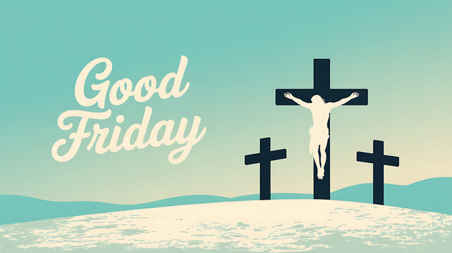 Good Friday illustration featuring Jesus on the cross and two other crosses against a serene, gradient sky, symbol of sacrifice