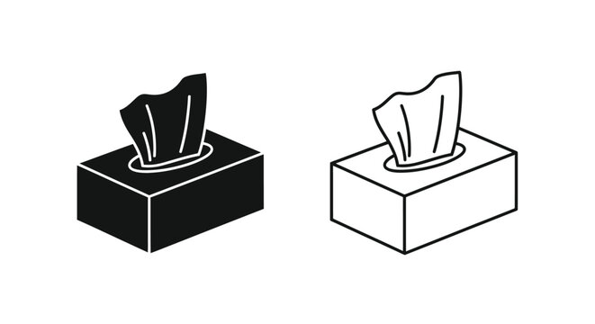 Black and white line art depicting two tissue boxes in different styles