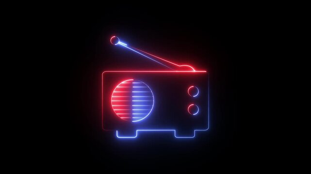 a digital graphic depicting a retro-style radio receiver created using neon light effects, often referred to as a "Neon Radio Dreamscape" or "Neon Cyberpunk Radio". 