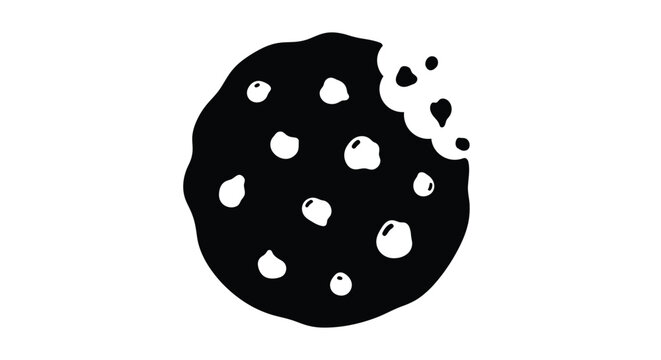 A simple black and white illustration of a chocolate chip cookie with a bite taken out