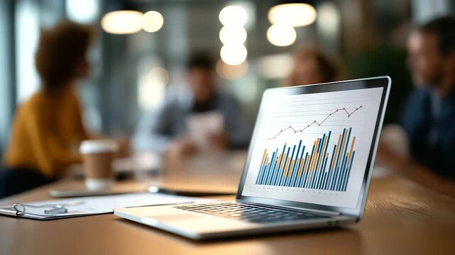 Faceless computer paperwork business team with advice heavily defocused office background anonymous financial analyst people coworking with graphs revenue report KPI forecasting