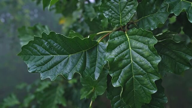 Close up of green oak leaves, gentle breeze, 4k motion footage