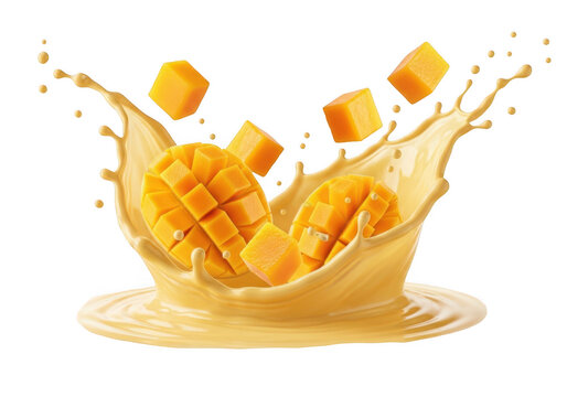 Fresh mango chunks splashing isolated on transparent background