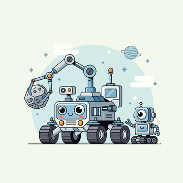 Cute cartoon space rover and robot friends exploring an asteroid field on a distant planet