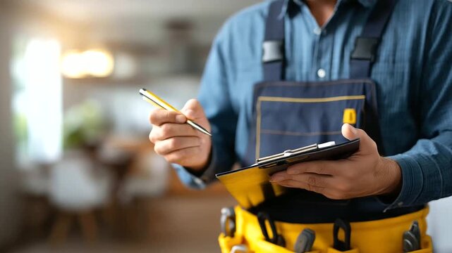 Faceless man technician writing on clipboard at house heavily defocused background anonymous male person with toolbox for inspection plumbing evaluation report home maintenance
