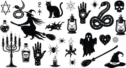 Mystical witchy silhouettes collection with snakes, black cat, witch on broomstick, candles, skulls, magic potions, and lanterns, cad drawing flat vector. © Hello World