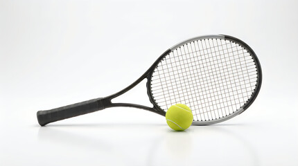 Tennis racket with yellow sports ball on clean light surface
