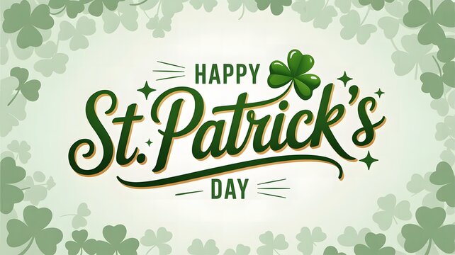 Happy St. Patrick&rsquo;s Day elegant green typography design with shamrock leaves festive holiday background