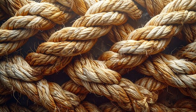 A close-up view displaying interwoven natural-fiber rope. The rope's texture and color variations provide depth