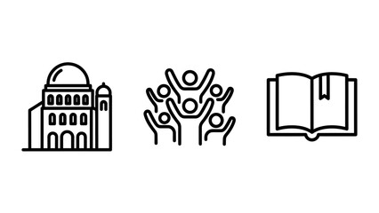 Naklejka premium Icons representing a building, a group of people, and an open book, symbolizing community, gathering, and knowledge or education.