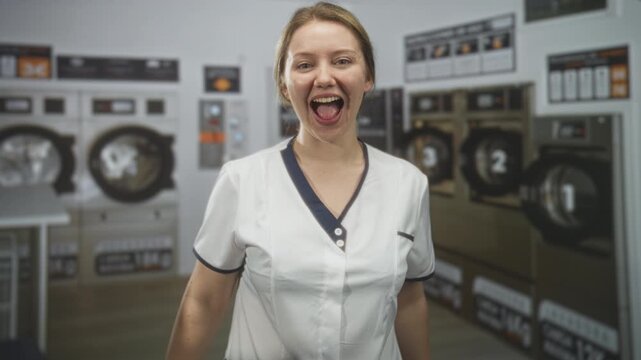 Woman clenches fists and smiles with eyes closed before industrial front loading washers and numbered dryers in a laundromat building; victory joy.