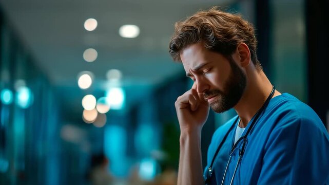 Faceless nurse man sad with stress in clinic heavily defocused hallway background anonymous health professional unhappy in hospital for grieving loss operation failure and medic