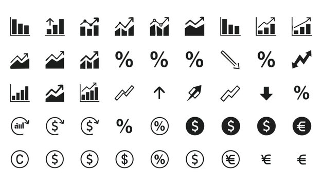  flat design icons representing financial data and market trends, 
