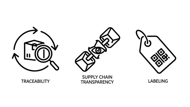 Supply chain icons: traceability with magnifying glass and box, transparency with linked cubes and eye, and labeling with QR code tag.