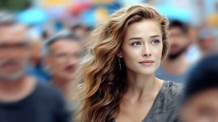 Fototapeta premium Young woman with wavy blonde hair, blue eyes, and casual clothing stands confidently in busy urban street, soft natural light