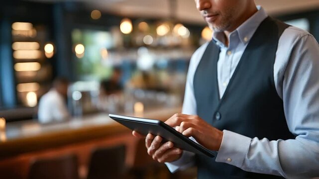 Faceless waiter man with tablet as friends order at bar heavily defocused pub background anonymous people group server with tech talk option for drinks choice wine list digital