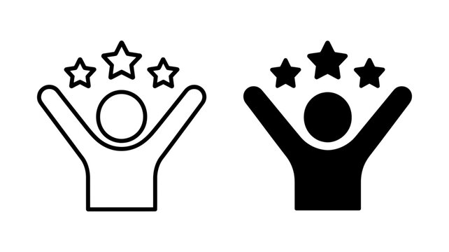 A joyful icon shows a person with raised arms celebrating success and receiving high ratings.