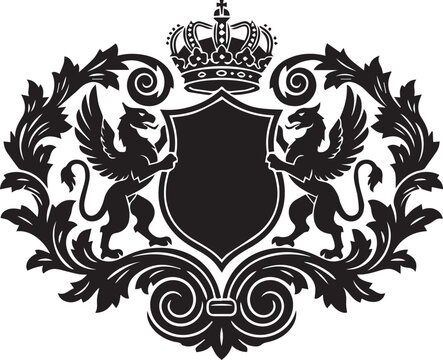 Heraldic crest silhouette with winged griffins and royal crown line art vector illustration