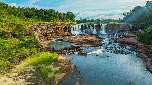 Aerial view of Sae Pong Lai Waterfall is a hidden gem, offering a pristine environment ideal for travel, exploration, and nature appreciation.Exploring the Pristine Tropical Landscape