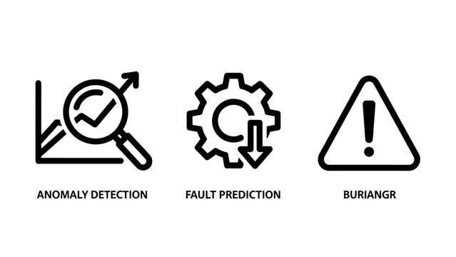 Data analysis, anomaly detection, fault prediction, and warning alert vector icons for operational intelligence and system monitoring.