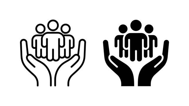 Two distinct icons depict caring hands supporting a group of three stylized human figures, symbolizing community and protection.