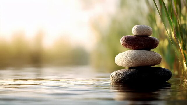 Therapy stress release treatment, health lifestyle. A tranquil scene of a stack of pebbles balanced on top of each other in the water, surrounded by lush green grass.