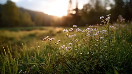 Sunlight bathes a field of wildflowers and tall grass in warm golden hues during a tranquil sunset evoking nature s beauty