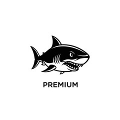 Obraz premium Black and white angry shark illustration with sharp teeth and PREMIUM text