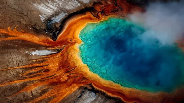 Geothermal hot springs resort, spa, bath pool, winter relaxation vacation theme. An aerial view of a grand prismatic spring in Yellowstone National Park, Wyoming, with its vibrant colors of blue.