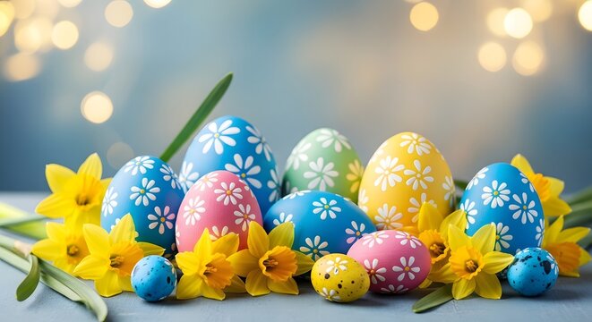 Easter sunday celebration with colorful eggs and flowers on a festive background