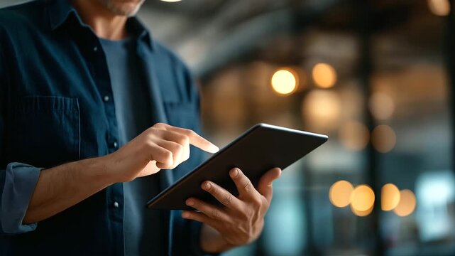 Faceless employee scroll man with tablet in office heavily defocused background anonymous creative person with tech for planning article editing journalism web online story