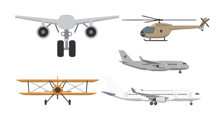 Diverse aircraft illustrations modern passenger jets classic biplane and utility helicopter in flat style.