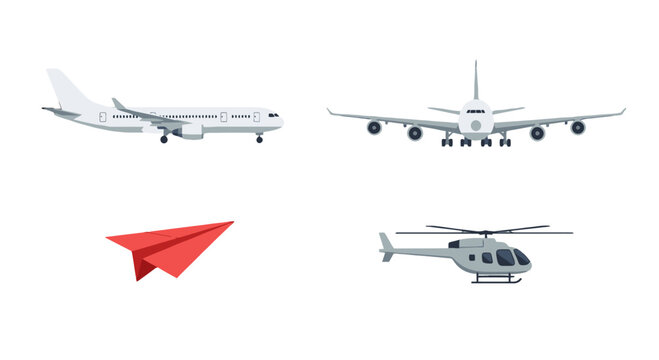 Flat design vector illustrations of diverse flying vehicles white passenger airplanes a red paper plane and a grey helicopter.