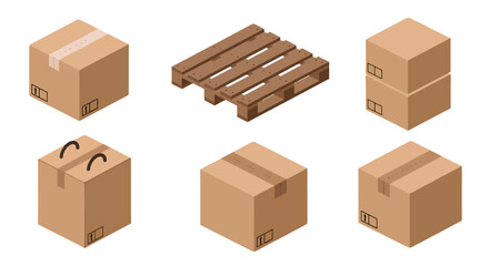 Fototapeta premium Isometric brown cardboard boxes some stacked with tape and a wooden pallet.