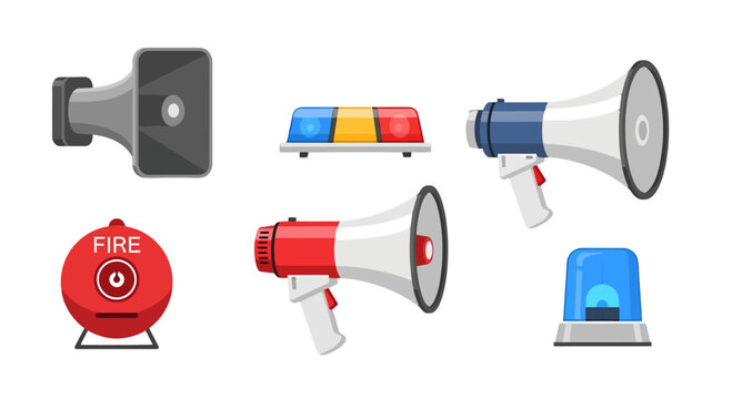 Colorful vector set of emergency and announcement devices megaphones sirens fire alarm and speaker horn.