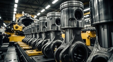Row of Heavy Duty Engine Pistons in Manufacturing Facility