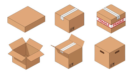 Fototapeta premium Isometric cardboard boxes set with various states closed open taped fragile labeled and with handles.