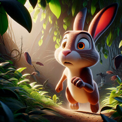 A cartoon rabbit ran through a lush green forest, its face filled with shock.