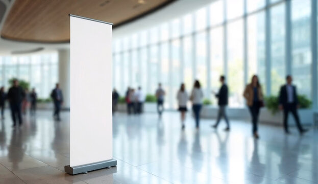 roll up mockup poster stand in the lobby of a business center as wide banner design with blank empty copy space area inside the premises, with blurred people in the background.