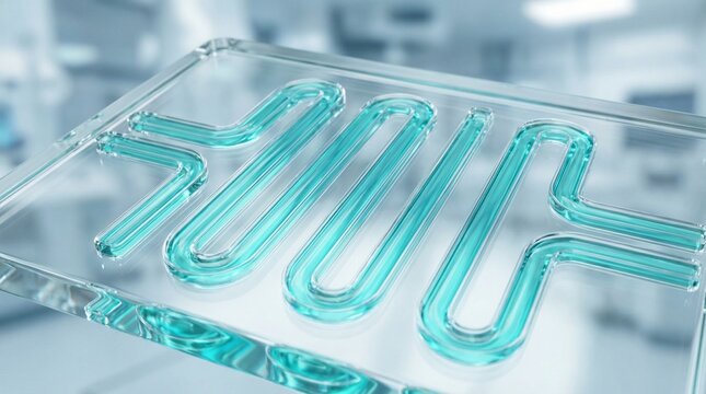 Close up of a transparent microfluidic device with teal liquid channels in a laboratory, lab-on-a-chip technology, future medicine.