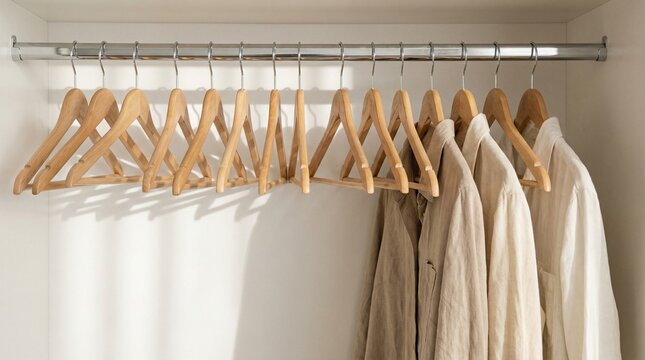 Row of wooden hangers on a metal rail inside a white minimalist closet with some shirts. Wardrobe organization, fashion retail, home interior.
