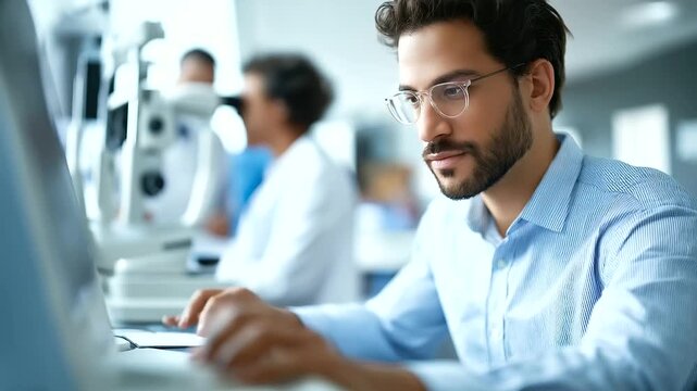 Faceless optometrist man patient with eye exam machine heavily defocused background anonymous people with vision test determine prescription assessment optometry lens selection