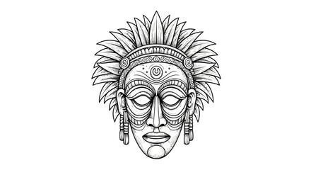 Obraz premium Intricate Tribal Mask Vector Illustration with Traditional Patterns and Decorative Headdress. Ancient Cultural Art Style.