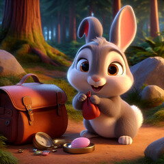 A rabbit sits holding a small red bag, surrounded by precious items.