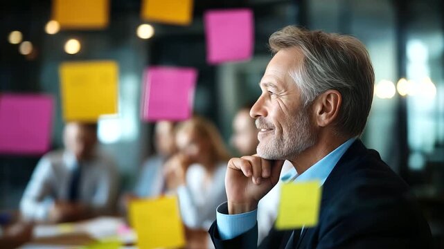 Faceless planning people in meeting with glass wall heavily defocused sticky notes background anonymous happy team marketing director in office with board collaboration