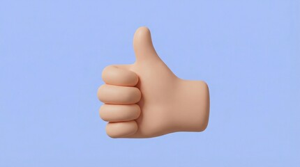 3D render of a hand showing a thumbs up gesture against a plain blue background, success and approval concept, positive social feedback.