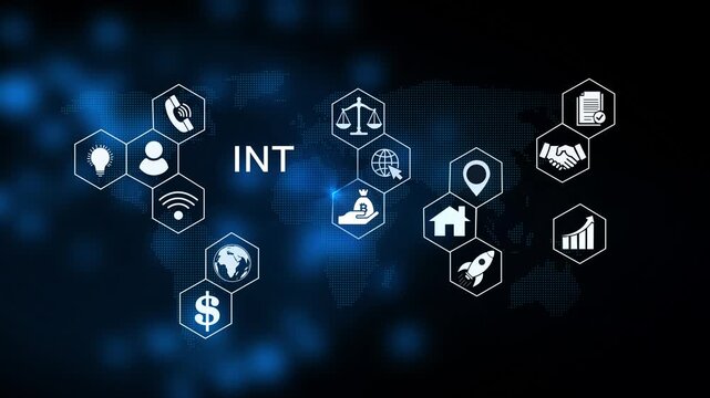 Int Business Strategy Infographic, Modern business technology interface with gears and digital network icons, 4K animation