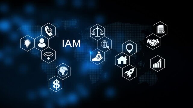 IAM Identity and access management concept. Modern business technology interface with gears and digital network icons, 4K animation